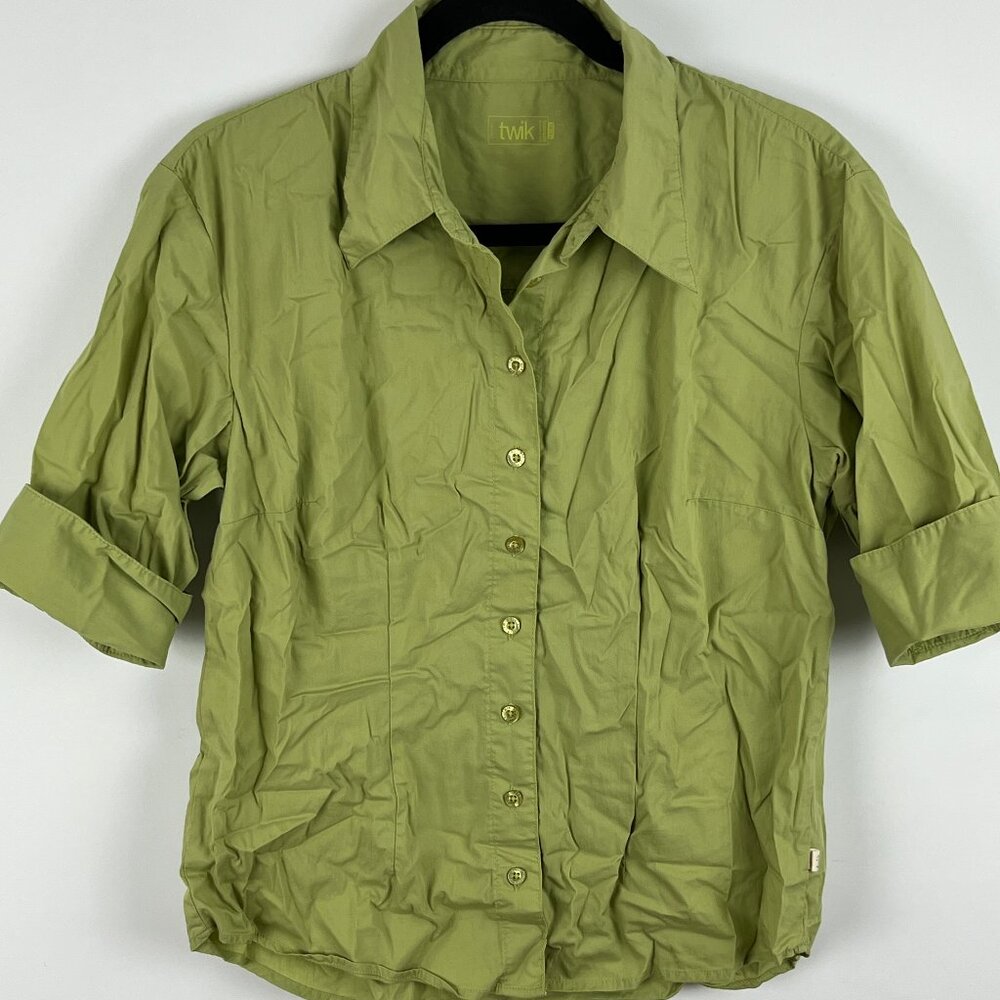 Twik by Simons Top Blouse Size XL Green Short Sleeve Collared Button Down Stretc